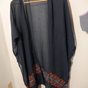 Navy blue shawl / cover-up with orange/blue embroidery